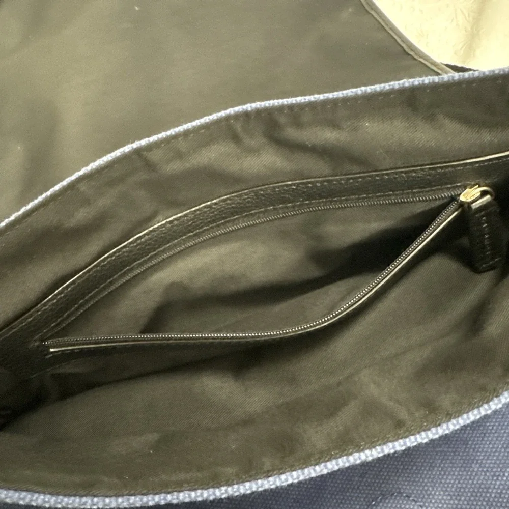 Levenger Messenger Bag Navy Blue‎ Canvas Leather Trim Adjustable Strap